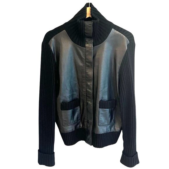 Context Womens Black Leather Wool Knit Cardigan Jacket Sz L Black Y2K Minimalist - Picture 1 of 11